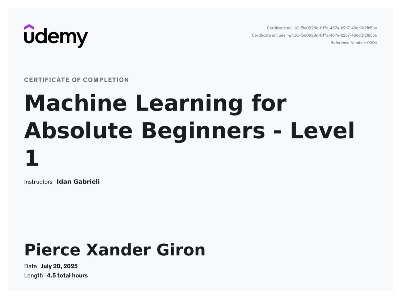 Basic Machine Learning certificate