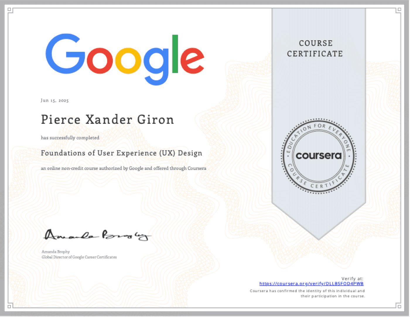 Coursera Foundation of UX certificate