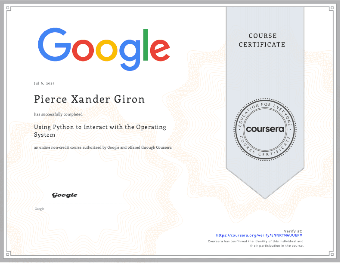Coursera Python OS certificate